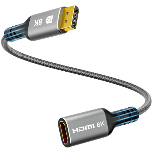 Togconn DisplayPort to HDMI Adapter Cable 8K, Unidirectional DisplayPort 1.4 (Male) to HDMI 2.1 (Female) Extension Cable Converter Support 8K@60Hz,4K@120Hz for DP PC and HDMI Displays-0.6 Feet