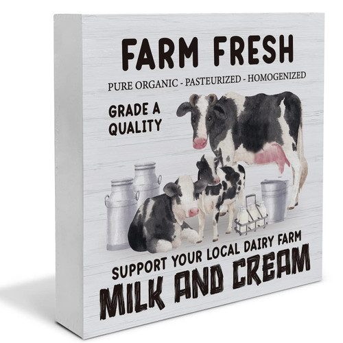 Farmhouse Dairy Cows Wood Box Sign Decor Desk Sign Farm Fresh Milk and Cream Cow Wooden Box Block Sign Rustic Home Kitchen Shelf Wall Decoration