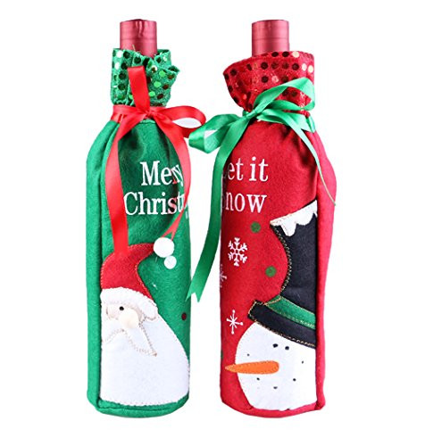 WildWave 2PCS Christmas Santa Claus Wine Bottle Decoration Bag Cover for Xmas Gift Dinner Party Table Decorations- (2-pack, Red Snowman and Green Santa)
