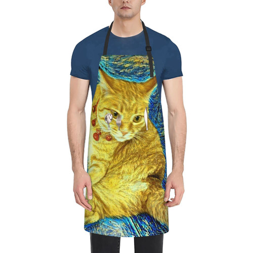Unisex Bib Apron Van Gogh Relaxing Orange Cat Waterproof Kitchen Cooking Aprons With 2 Pockets