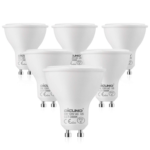 DiCUNO GU10 LED Bulbs 5W Warm White, 3000K, 500lm, 45 Degree Beam Angle, Spotlight, 50W Halogen Bulbs Equivalent, Non-dimmable MR16 LED Light Bulbs, 6-Pack