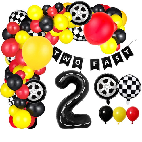 Race Car Balloon Garland Birthday Party Decorations - Racing Car Party Supplies for Two Fast Birthday Decorations - Tire Wheel and Number 2 Balloons for Party Decor -Racing Car Checkred Balloons Kit