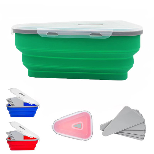 VGHNQ Pizza Storage Container Collapsible, Silicone Pizza Container Expandable, Leftover Pizza Storage Pizza Slice Storage Container with 5 Pizza Tray, Reusable Pizza Container (Green)