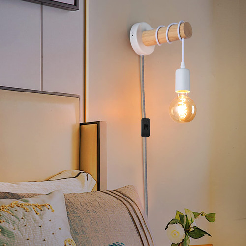 Modern Plug in Wood White Wall Light Rustic Lift Pipe - Rustic Pendant Light Adjustable Height Hanging Wall Mounted Lamp - Industrial Wall Sconce Fixture Decoration for Indoor Living Room Kids Bedroom
