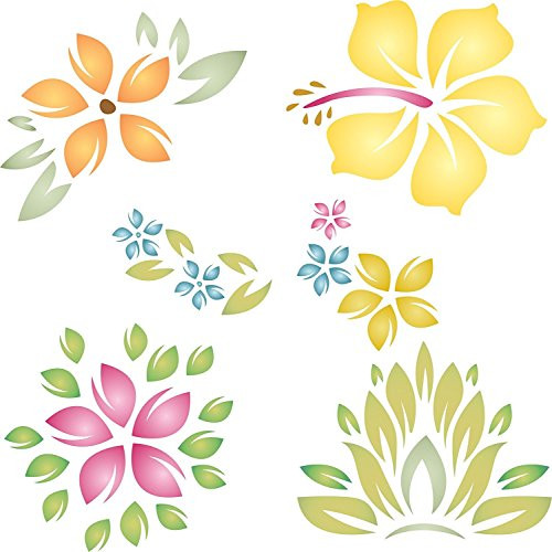 Tropical Flowers Stencil - (size 10.5w x 10.5h) Reusable Wall Stencils for Painting - Best Quality Template Allover Wallpaper ideas - Use on Walls, Floors, Fabrics, Glass, Wood, and More