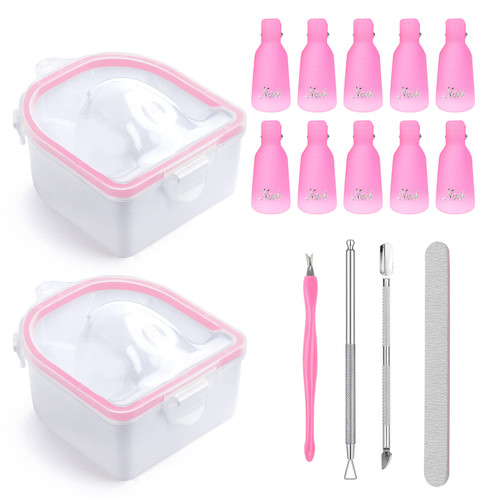 2PCS Nail Soaking Bowl, Soak Off Gel Polish Remover Manicure Bowl Kit, Double-layer Acetone Soak Off Bowls for Acrylic Nails, Soaker Tray with Nail Clips File Cuticle Peeler & Pusher Dead Skin Pusher