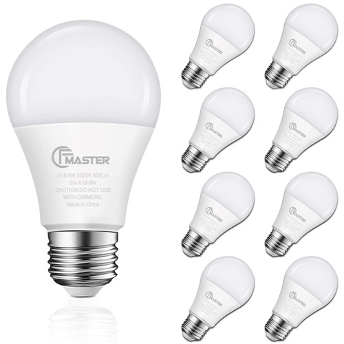 CFMASTER A19 LED Light Bulbs, 9W(80W Equivalent) LED Bulbs, E26 Standard Base, 3000K Warm White, 800 Lumens, Non-Dimmable, 9W Bright White Light Bulbs for Home Office (8-Pack)