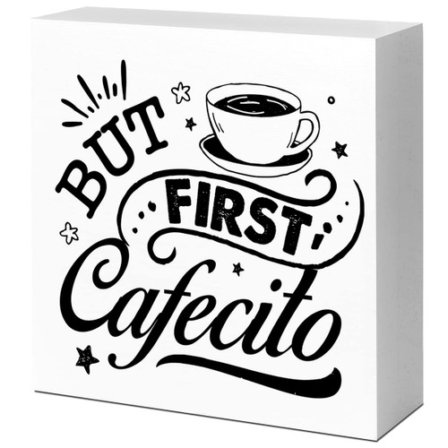 But First Cafecito Wood Box Sign Desk Decor,Funny Coffee Cup Wood Block Plaque Box Sign Desk Decorations for Home Kitchen Office Cafe Coffee Bar Man Cave Desk Shelf Table Decor