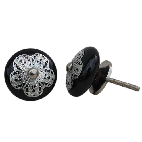 Indian Shelf 6 Pieces Girls Dresser Knobs | Strewn Flat Pull Knobs | Black Fancy Drawer Pulls | Ceramic Decorative Knobs | Cabinet Hardware Knobs | Dresser Drawer Knobs