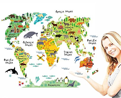 Cartoon Large Kids Educational Animal/Famous Building English Words World Map Peel & Stick Wall Decals Stickers Home Decor Art (World Map)