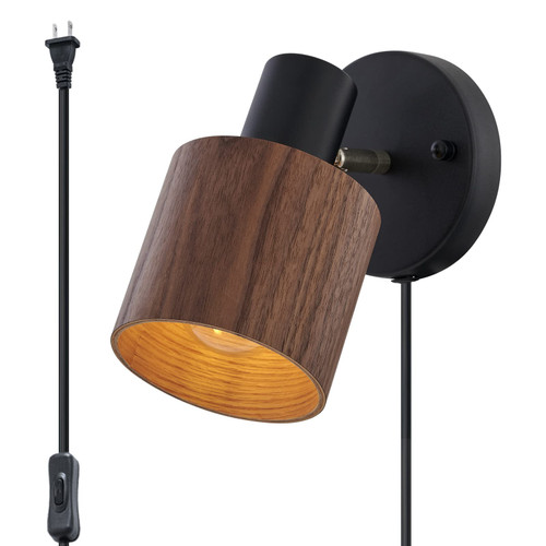 TeHenoo Plug in Wall Sconce,Rotatable Wall Light, Wooden Wall Lamp for Reading,Bedroom,Office,Black