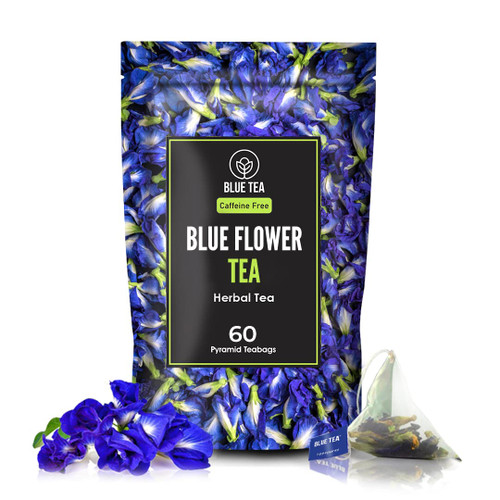 BLUE TEA - Butterfly Pea Flower Tea - 60 Tea Bags (120 cups) || FARM FRESH || Iced Tea, Cooler, Cocktails, Mocktails | Caffeine free - Gluten Free - Clitoria ternatea - Eco-Conscious Zipper Pack