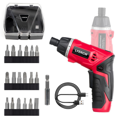 Electric Screwdriver Cordless, 4V Power Screwdriver Rechargeable Set with 18 Bits & Extension Rod, 17+1 Torque Settings, Pivoting Handle, Front LED And Rear Flashlight, Li-ion Battery Electric Screwdriver Cordless, 4V Power Screwdriver Rechargeable Set with 18 Bits & Extension Rod, 17+1 Torque Settings, Pivoting Handle, Front LED And Rear Flashlight, Li-ion Battery