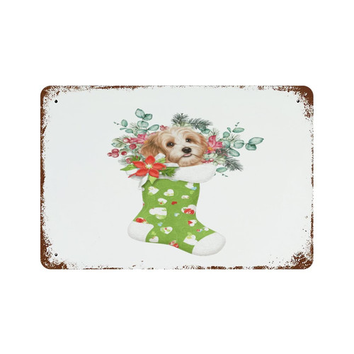 Merry Christmas Metal Signs The Puppy Sits in A Christmas Sock Stocking Metal Retro Tin Sign Custom Metal Signs Outdoor for Cafe Bar Pub Beer Wall Decor 8"x12"