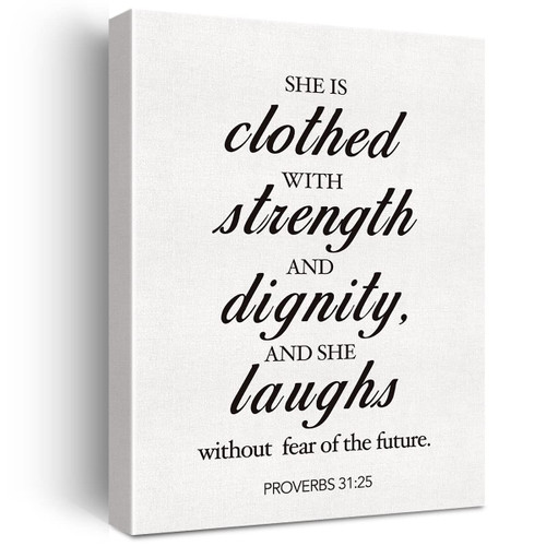 Christian Canvas Wall Art Motivational Proverbs 31:25 She is Clothed with Strength and Dignity Canvas Print Scripture Bible Verse Painting Home Wall Decor Framed Nursery Gift 12x15 Inch