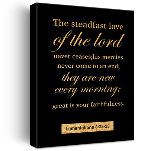 Christian Gold Foil Canvas Wall Art Motivational Lamentations 3:22-23 the Steadfast Love of the Lord Print Framed Canvas Painting Artwork Home Decor Gifts 12x15 Inch