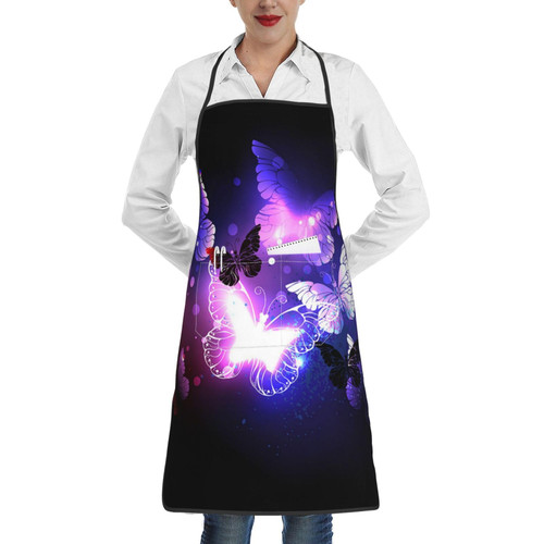 OUSIKA White Purple Butterflies Apron With Pockets Waterproof Kitchen Cooking Chef Aprons Bib For Baking Gardening Bbq