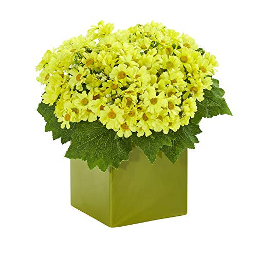 Nearly Natural 1830-YL Daisy Artificial Green Vase Silk Arrangements, Yellow