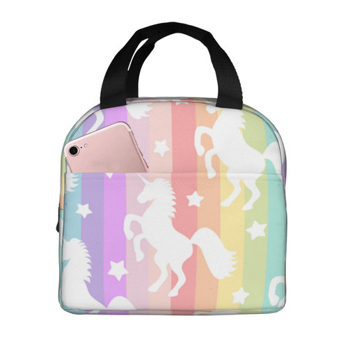 Reusable Lunch Tote Bag Cute White Unicorn Stripe Rainbow Insulated Lunch Bag Durable Cooler Lunch Box