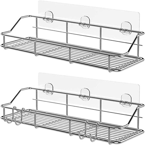 Shower Caddy Adhesive Replacement Sticker, 2 Pack Bathroom Shelf Organizer Sticker Adhesive Strip Hook Heavy Duty Wall Adhesive Transparent Shelves Wall Mount 3 Hooks for Shower Caddy Basket Shelf