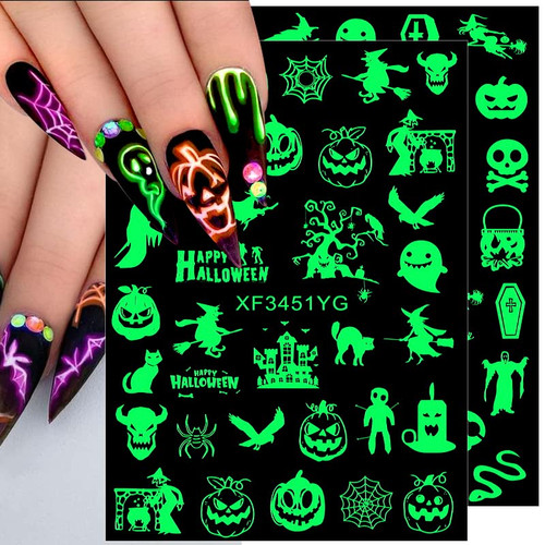 Halloween Nail Stickers, 3D Luminous Halloween Nail Art Stickers Self Adhesive Nail Decals Halloween Skull Ghost Pumpkin Spider Bat Nail Art Decorations for Women DIY Nail Accessories, 12 Sheets/Set