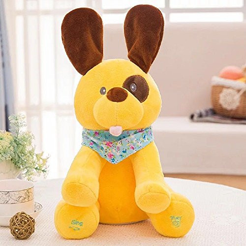 Plush toy peek-a-boo Dog, Yellow Musical Animated Flappy Ear Singing Elephant Cuddle Stuffed Toy for Baby Boy and Girl 12 Inch Tall Set of 1