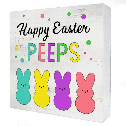 Happy Easter Peeps Wood Box Sign Home Decor Rustic Easter Wooden Box Sign Block Plaque for Wall Tabletop Desk Home Office Decoration 5" x 5"