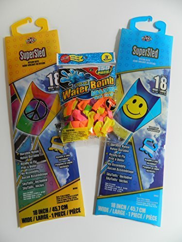 Two Super Sled Nylon Kites - Purple (Yen Yang) and Red (Flag) with One Bag Toss'em Water Bomb Water Balloons with Filler 150 Pack Bundle