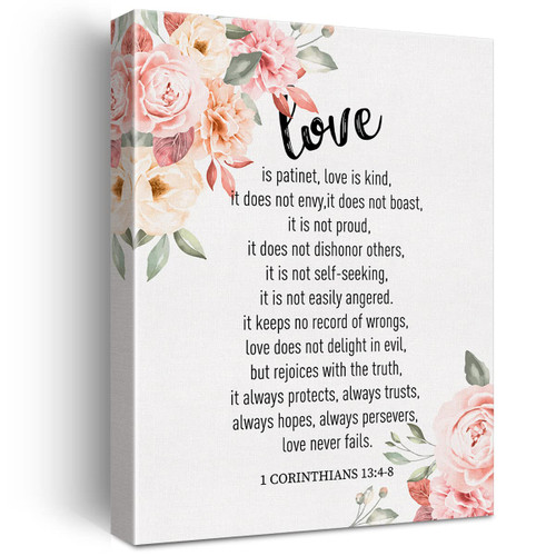LEXSIVO Floral Love is Patinet Kind Bible Verse Canvas Home Wall Art Decor Scripture Painting 12x15 Poster Framed Ready to Hang Wedding Gift