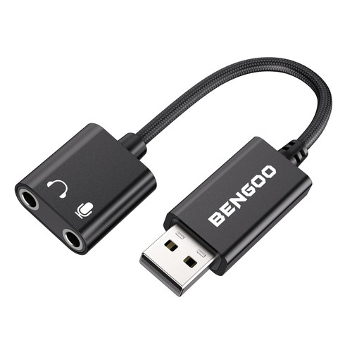 BENGOO USB Sound Card Adapter,USB Audio Adapter 3.5mm Jack,External Sound Card with Dual TRS Headphone and Microphone Jack for Windows Mac Linux PC Laptops Desktops PS4 Headsets, Black