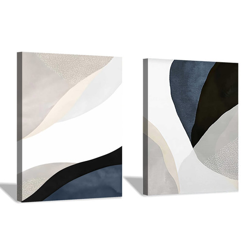 Black White and Beige Abstract Wall Art Mid Century Modern Boho Prints Blue Grey Abstract Painting Abstract Geometric Poster Minimalist Boho Pictures Color Block Canvas Prints Art 16x24inchx2 No Frame