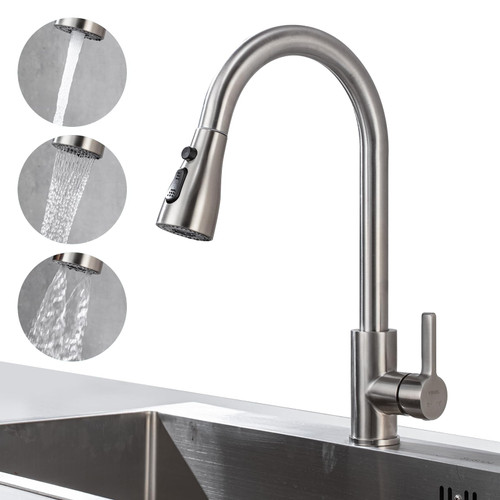 Brushed Nickel Kitchen Faucet with Pull Down Sprayer - High Arc Stainless Steel Kitchen Sink Faucet with 3 New Sprayer Modes,Pull Out Kitchen Faucet, Single Hole Single Handle Sink Faucet for Kitchen