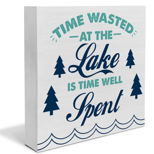 Country Lake Wood Box Sign Decor Desk Sign Time Wasted at the Lake Wooden Box Block Sign Summer Rustic Lake House Home Shelf Wall Decoration