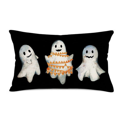 Fukeen Happy Halloween Pillow Cover 12x20 Inch Lovely Ghost Halloween Throw Lumbar Pillow Cases Vintage Spooks Black White Halloween Farmhouse Home Decor Pillows Cushion Cover Cotton Linen