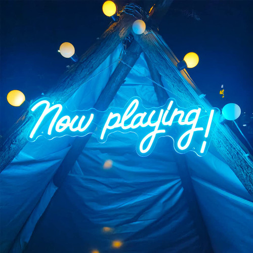 Now Playing Neon Sign,Remote Control ? Dimmable LED Neon Signs for Wall Decor?Aesthetic LED Light Sign for Beauty Bar Salon Gym Game Room Home Decor, Family Wedding Birthday Party Neon Light Signs Ice Blue(22.8x8.3 Inch)