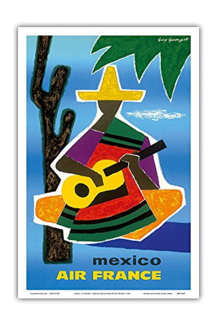 Pacifica Island Art Mexico - France - Mexican Guitar Player in Sombrero and Pancho - Vintage Airline Travel Poster by Guy Georget c.1963 - Master Art Print - 12in x 18in Pacifica Island Art Mexico - France - Mexican Guitar Player in Sombrero and Pancho - Vintage Airline Travel Poster by Guy Georget c.1963 - Master Art Print - 12in x 18in