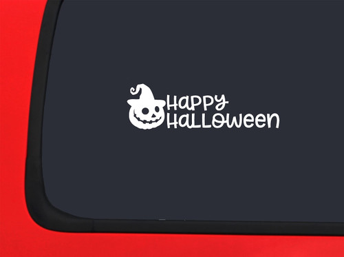 Car Sticker Happy Halloween Pumpkin Wearing Witch Hat Jack O Lantern Car Window Decal Sticker White 7 Inch