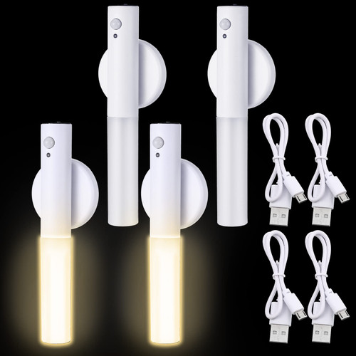 4Pcs LED Motion Sensor Night Light USB Rechargeable Magnet Body Sensor Hallway Night Lights Wireless Battery Operated Wall Sconce Portable Stair Lights Indoor for Stairway Bedroom Toilet (White)