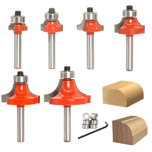 Sinoprotools 6pcs Roundover Router Bits Set 1/4 Shank, with 6 Bearings 3/8" Corner Round Over Router Bits, Carbide Roundover Bits for Rounding Edge Forming (Radius 1/16" 1/8" 3/16" 1/4" 3/8" 1/2")