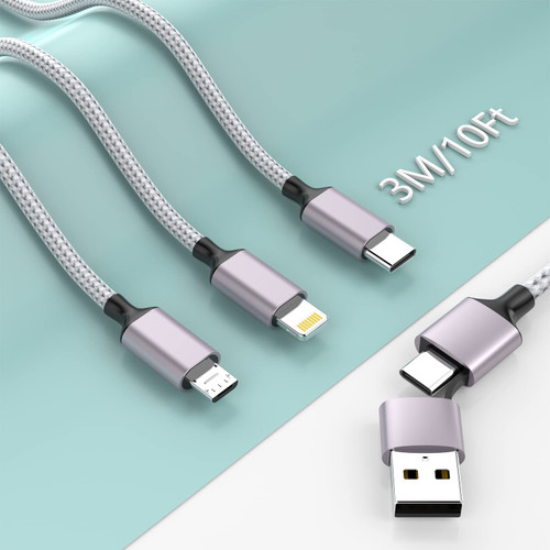 10ft USB C Multi Charging Cable, 5 in 1 Multi Charging Cable Braided USB C Multi Fast Charging Cable with Lightning/Type C/Micro USB Connectors Universal Charger Adapter for Laptop/Tablet/Phone