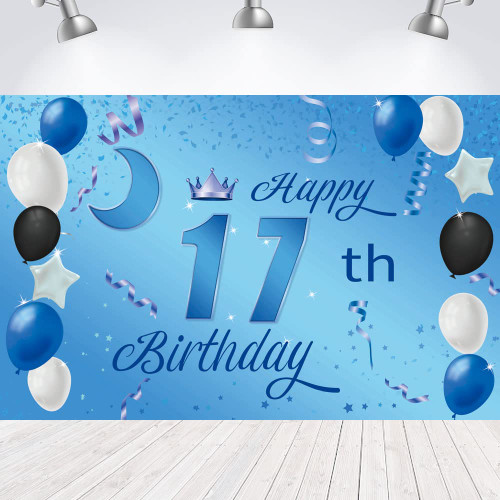 Sweet Happy 17th Birthday Backdrop Banner Poster 17 Birthday Party Decorations 17th Birthday Party Supplies 17th Photo Background for Girls,Boys,Women,Men - Blue 72.8 x 43.3 Inch