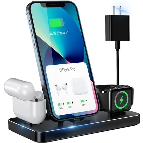 20W Charging Station for Multiple Devices Apple, 3 in 1 Charging Station for Apple iPhone iWatch AirPods, Foldable Travel iPhone Charging Station, Metal Apple Watch Charger Stand with Adapter
