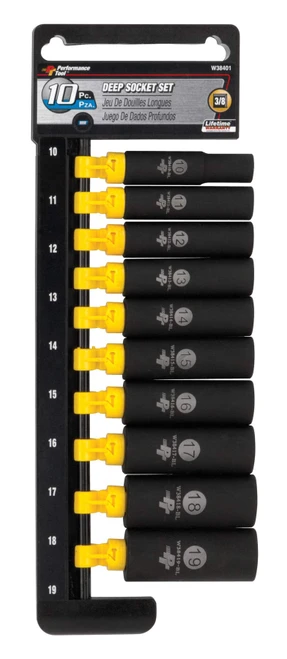 Performance Tool W38401 10-Piece 3/8-Inch Drive Metric Black Laser Etched Deep Socket Set