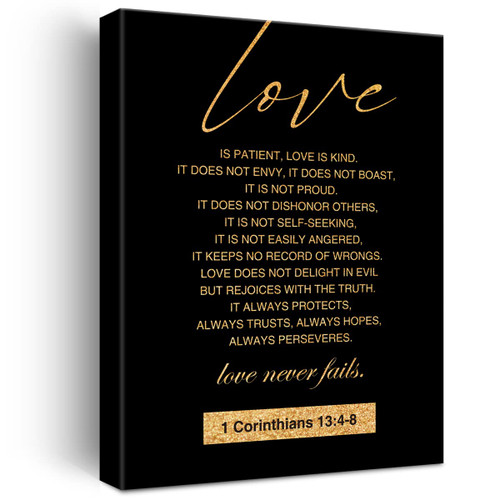 Christian Gold Foil Canvas Wall Art Motivational Love is Patient Love is Kind 1 Corinthians 13:4-8 Print Framed Canvas Painting Artwork Home Decor Wedding Gifts 12x15 Inch