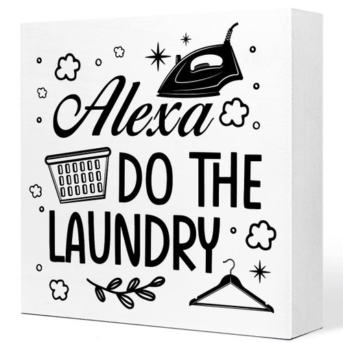 Alexa Do the Laundry Wooden Sign Desk Decor,Farmhouse Laundry Wood Sign Desk Decorations for Rustic Home Laundry Room Shelf Table Decor