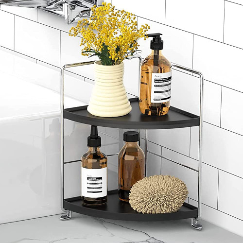 Kitchen Spice Rack Standing Shelf, 2-Tier Corner Storage Shelf, Bathroom Countertop Organizer, Vanity Tray Cosmetic & Makeup Storage, Silver&Black Kitchen Spice Rack Standing Shelf, 2-Tier Corner Storage Shelf, Bathroom Countertop Organizer, Vanity Tray Cosmetic & Makeup Storage, Silver&Black