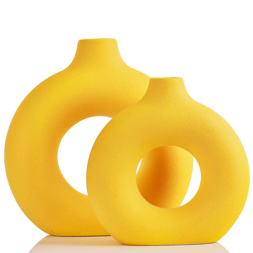 Yellow Vase,Yellow Home Decor, Yellow Ceramic Vase Set of 2,Modern Rustic Farmhouse Yellow Decorative Vase,Boho Vases,Decorative Vase for Pampas Grass Dried Flowers,Table, Bookshelf Yellow Decor