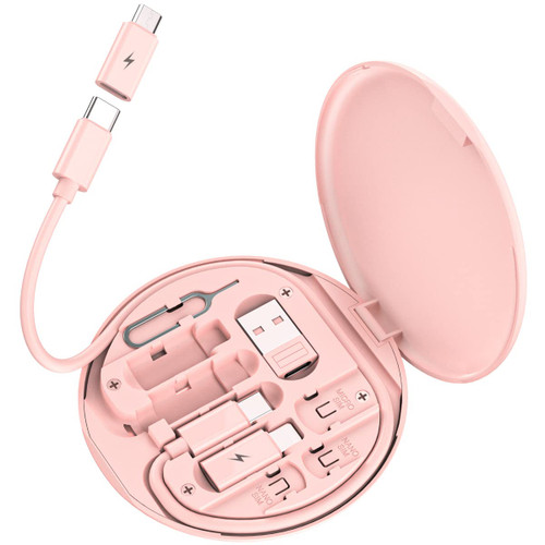 Multi USB Charging Adapter Cable Kit, USB C to Lighting Adapter Box, Conversion Set USB A & Type C to Male Micro/Type C/Lightning, Data Transfer, Card Storage, Tray Eject Pin, Phone Holder (Pink)
