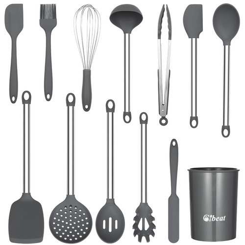 13PCS Kitchen Utensils Set with Holder, Silicone Cooking Utensils Gadget, Kitchen Spatula Set with Stainless Steel Handle, Nonstick and Heat Resistant