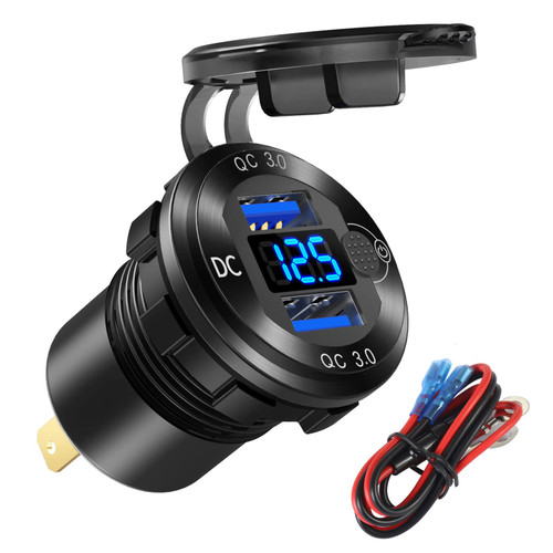 12V/24V USB Outlet Quick Charge 3.0 Dual USB Car Charger Socket with Blue Voltmeter, Waterproof Aluminum Cigarette Lighter USB Charger DIY Kit for Car Marine Motorcycle RV Boat Golf Cart, etc.